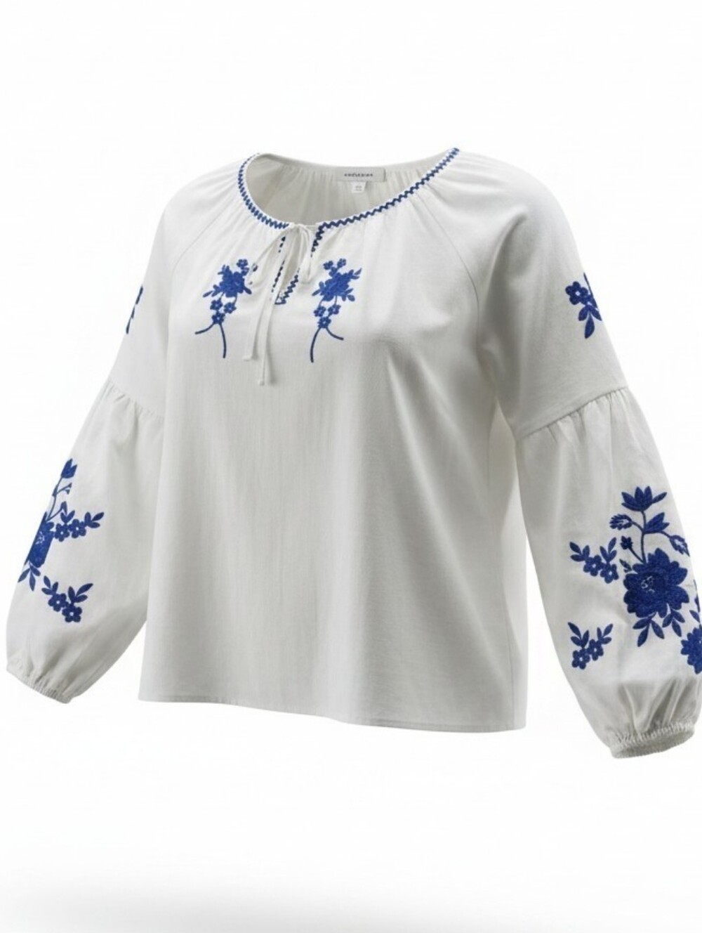 FRANCESCA'S | NWT Blue Ivory Embroidered Boho Peasant Balloon Sleeve Top | L